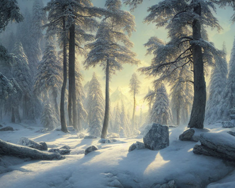 Winter forest scene with tall trees, sunlight, mist, and boulders