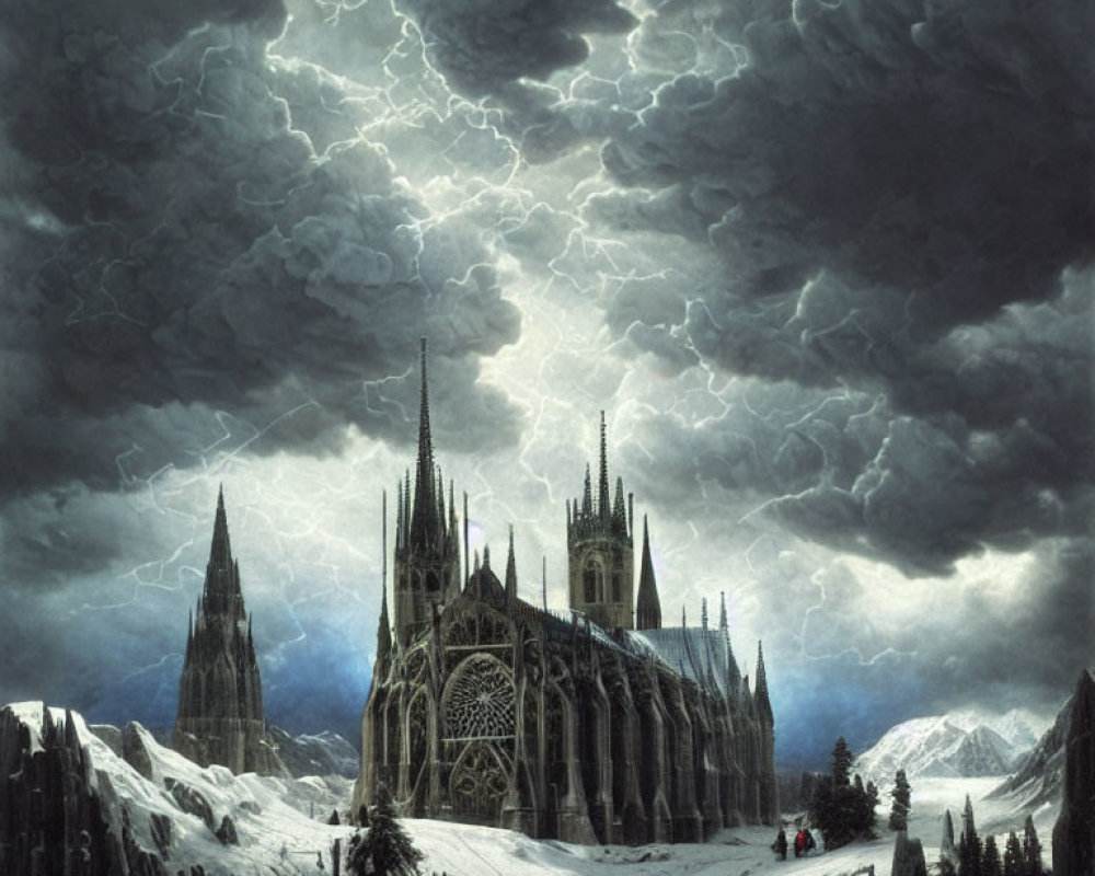 Gothic Cathedral in Snowy Landscape with Stormy Sky