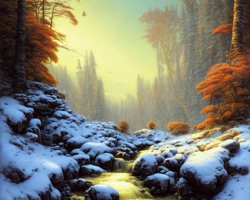 Golden-hued stream winding through snow-covered rocks in serene winter scene