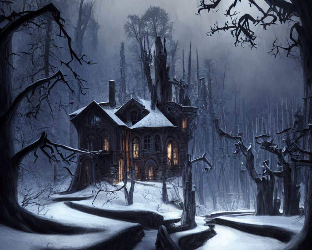 Snow-covered Victorian mansion in gloomy winter forest with warm glowing windows