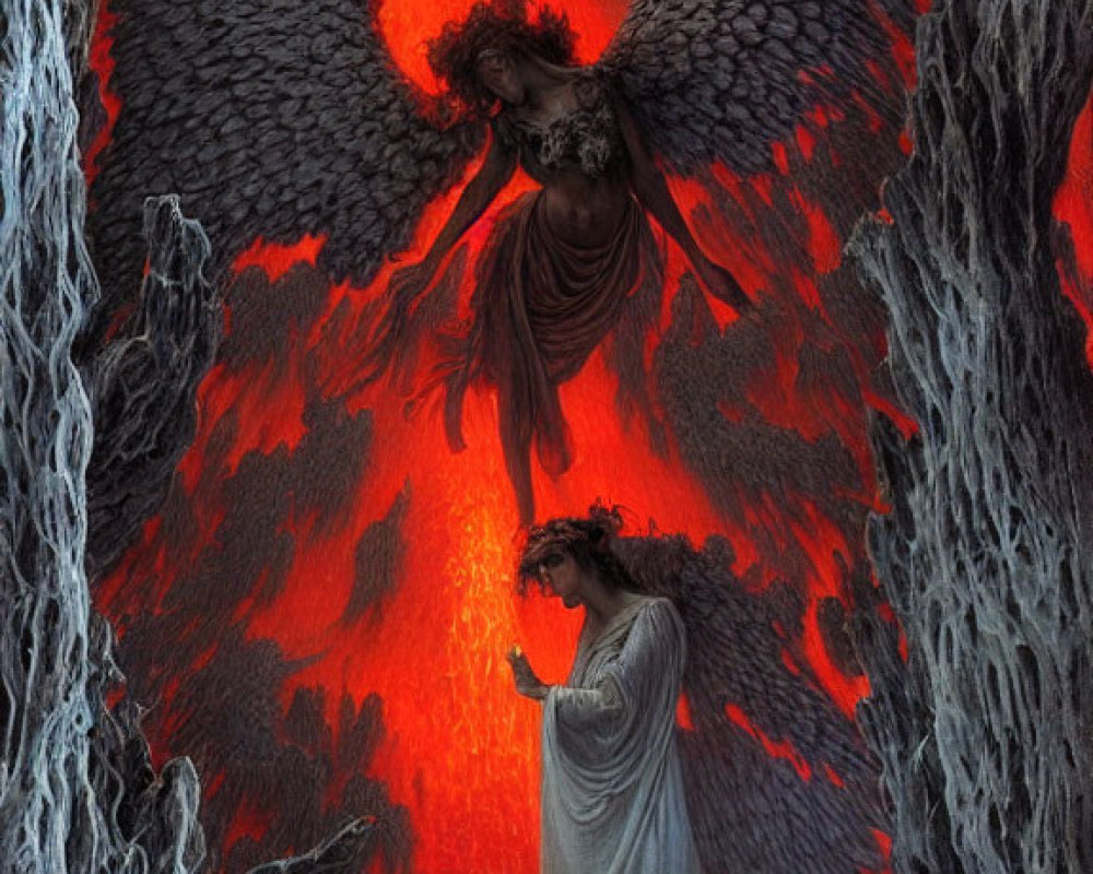 Dark angel with expansive wings in fiery cavern with two figures