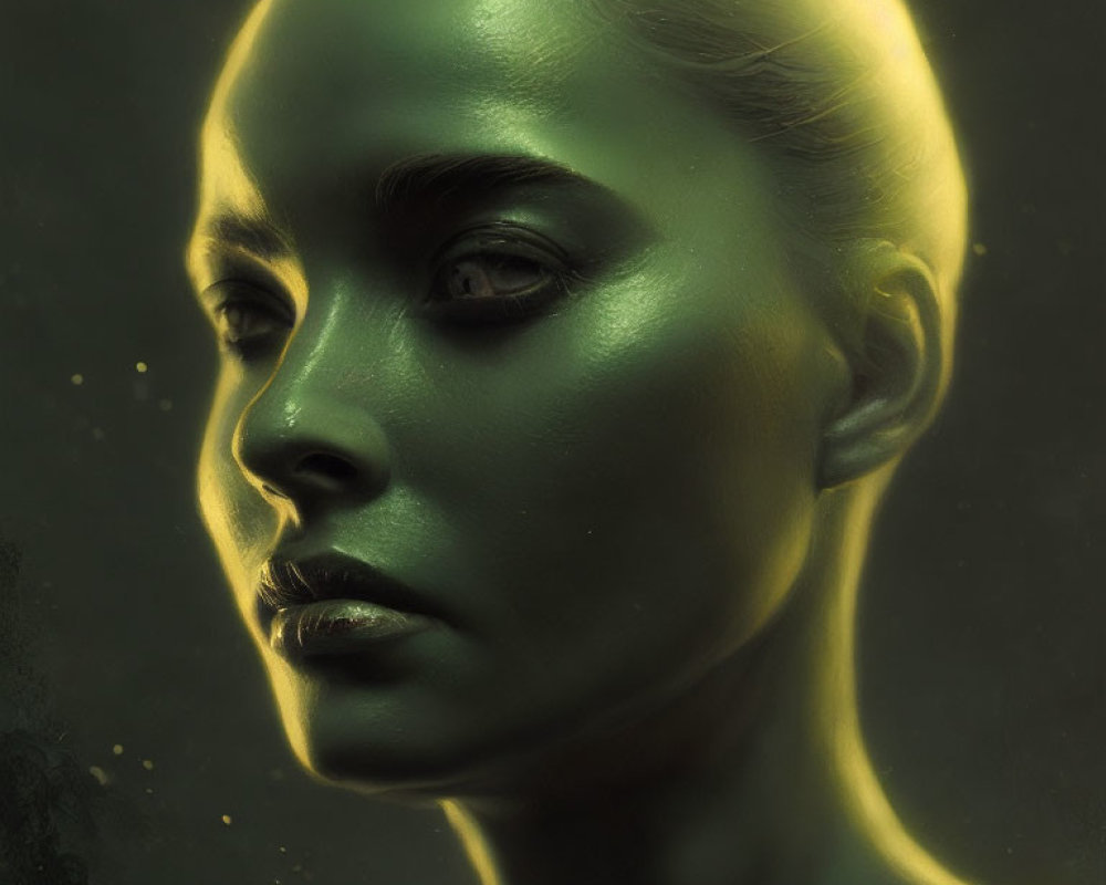Portrait of a person with glowing green skin and ethereal sheen