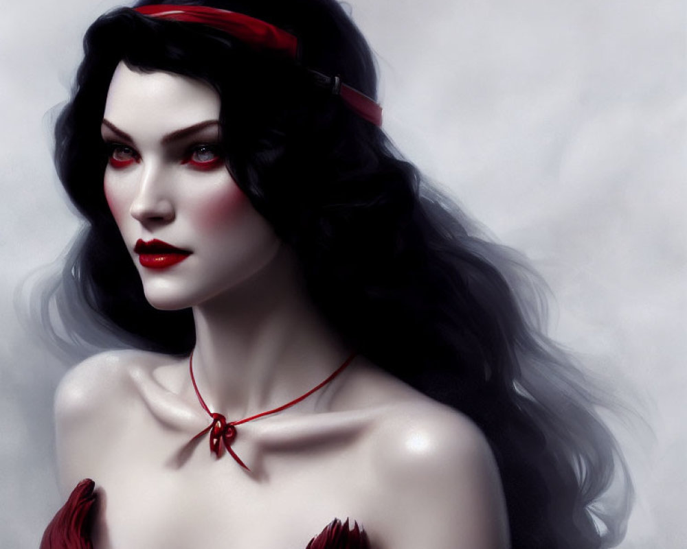 Pale-skinned woman with black hair, red headband, red lipstick, and strapless garment in