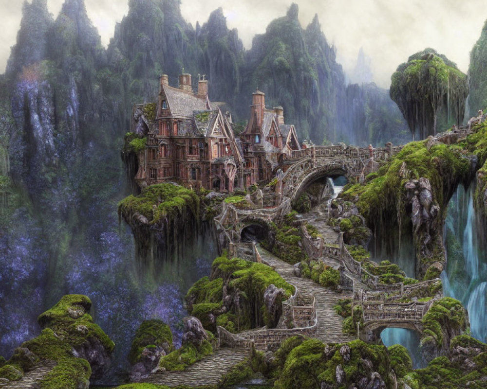 Mystical landscape featuring old stone bridge and grand house nestled in lush greenery