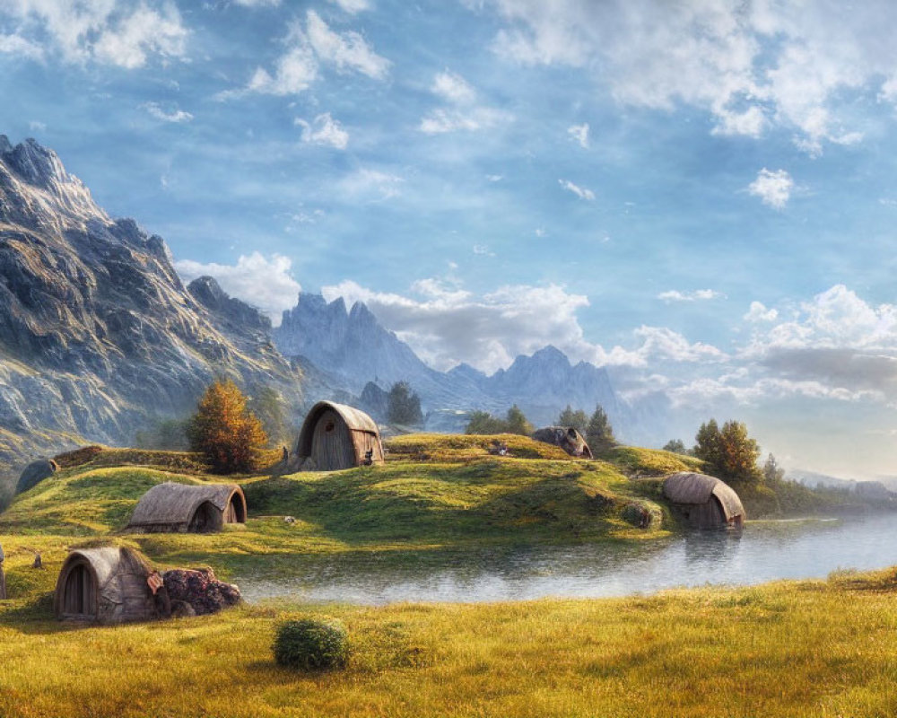 Tranquil landscape with hobbit homes in verdant valley