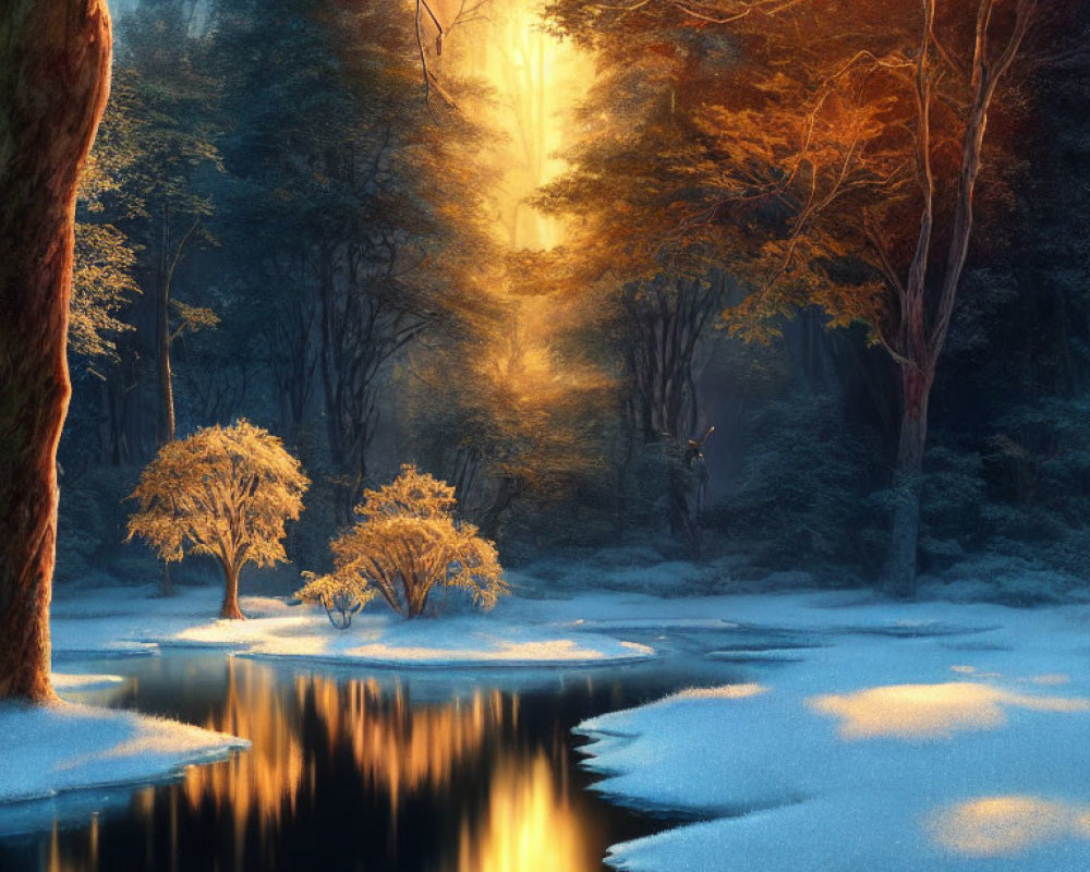 Snow-covered forest reflected in still pond under golden light