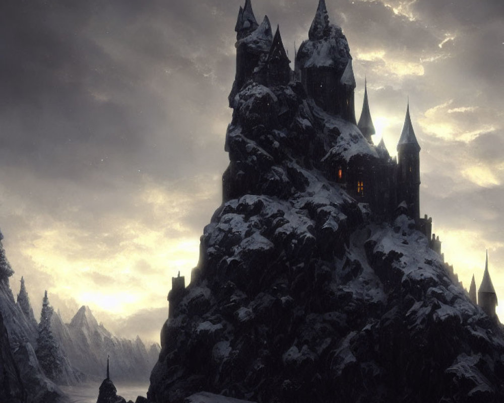 Gothic castle on snowy mountain with illuminated windows at dusk