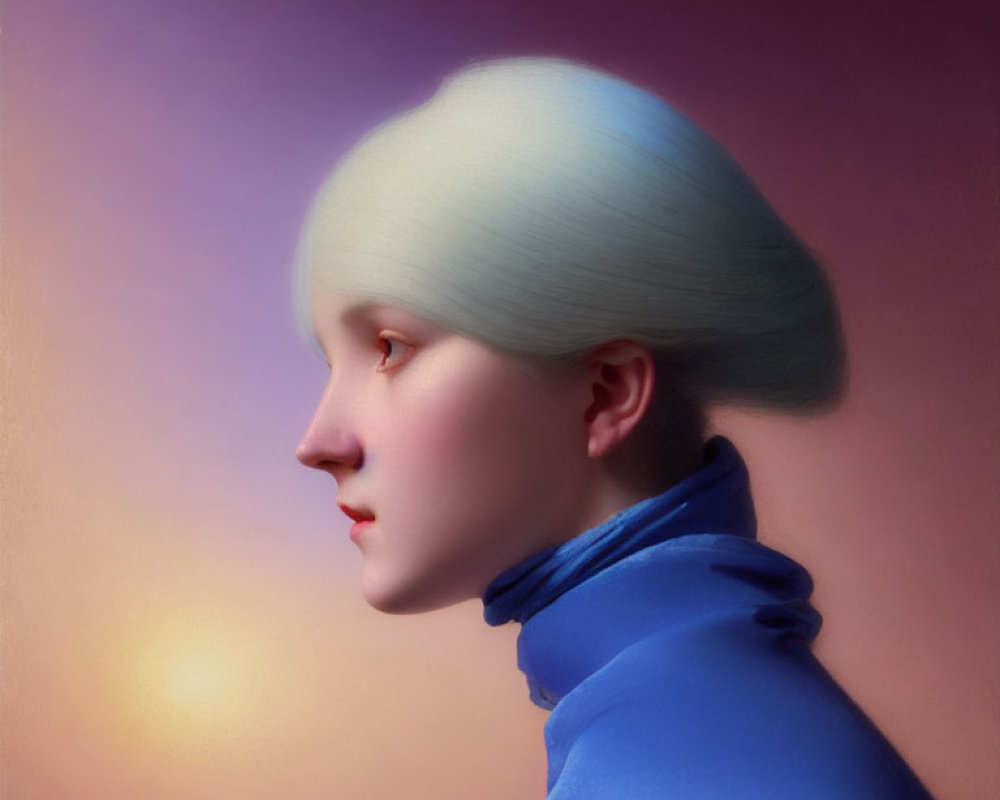 Stylized pale blue bob haircut on person against gradient pink and purple background wearing high-neck blue top