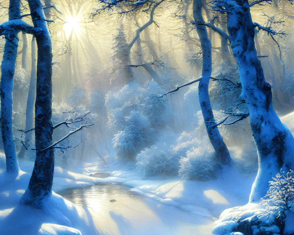 Winter forest scene: Sunlight through snow-covered trees by frozen stream