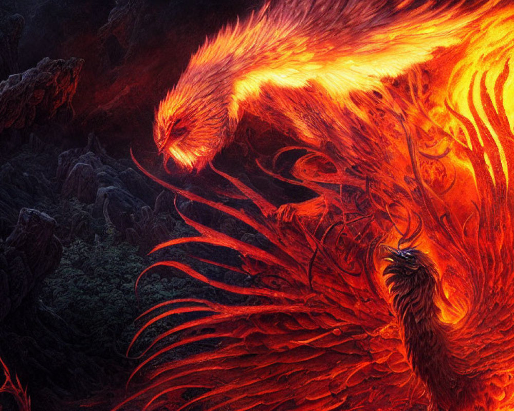 Fiery phoenix soaring with blazing wings on dark rocky landscape