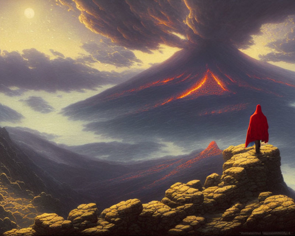 Cloaked figure overlooking erupting volcano under hazy sky
