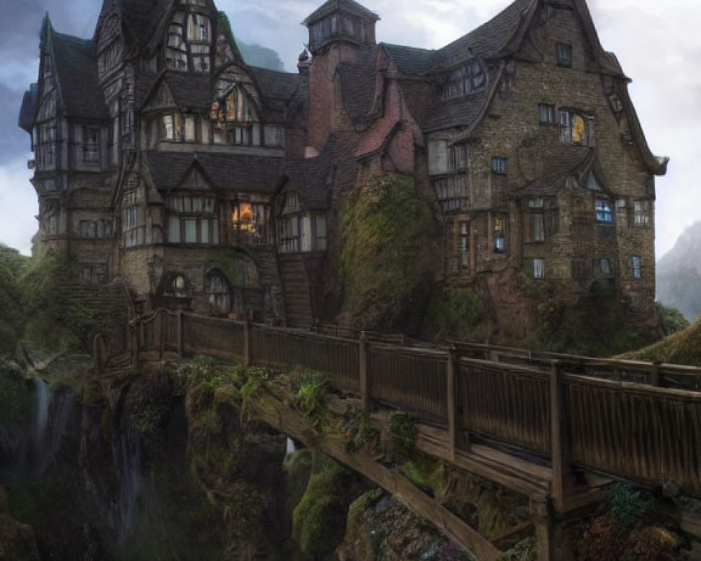 Majestic Tudor-style house on rocky outcrop with wooden bridge