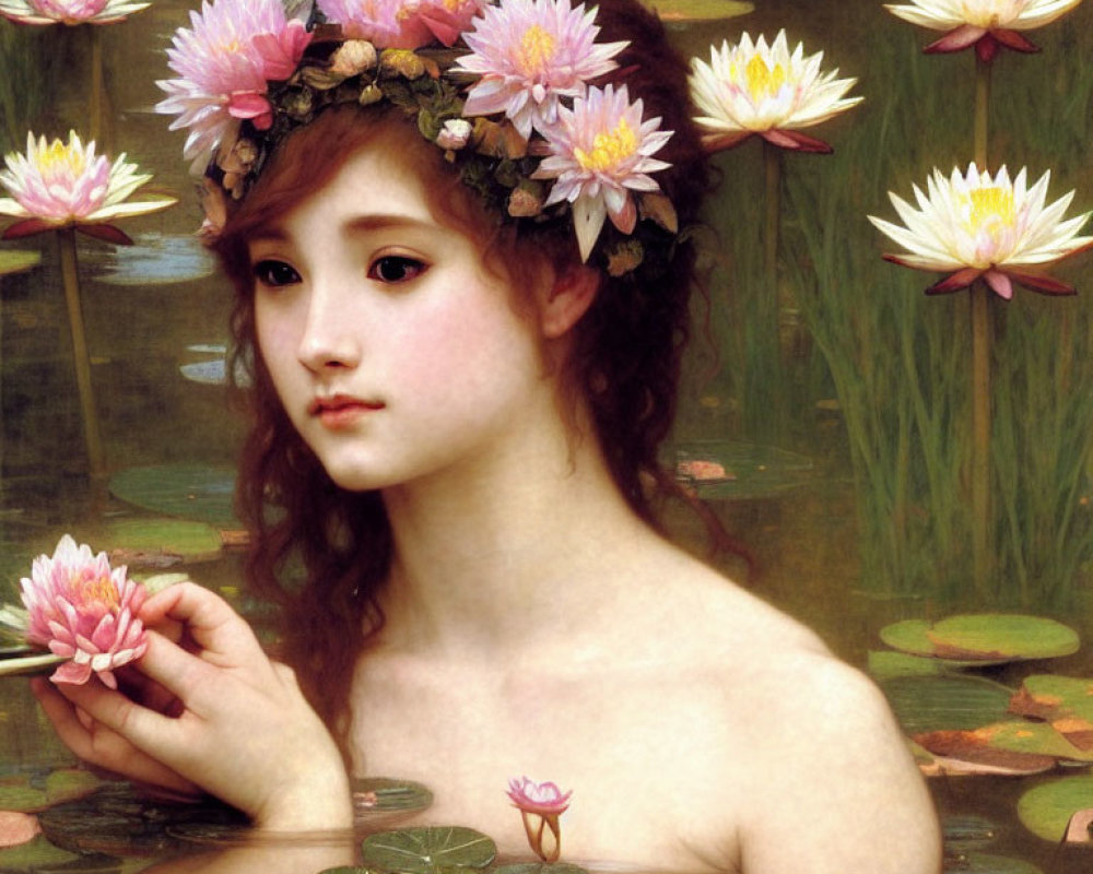 Young woman with floral wreath and water lily in pond scene