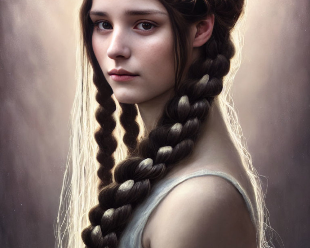 Portrait of young woman with solemn expression and long braided hair.