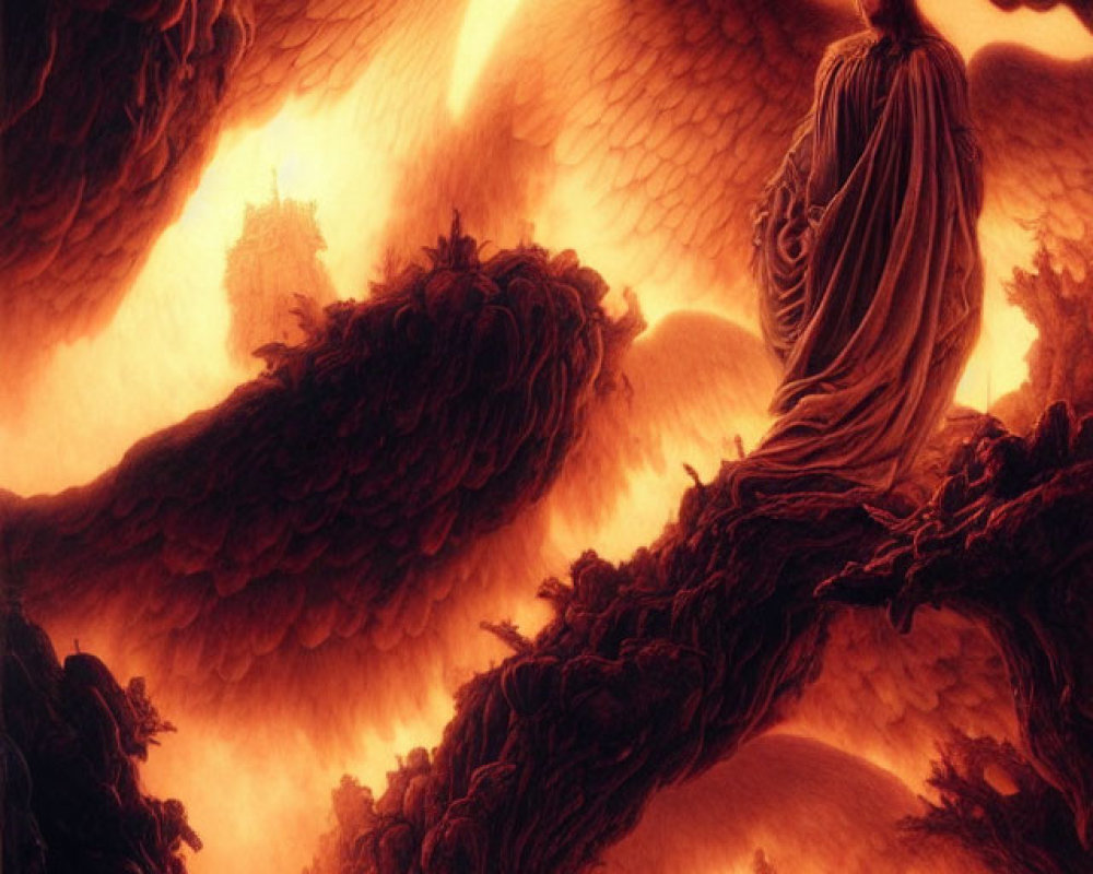 Mystical figure with large wings in surreal, fiery landscape