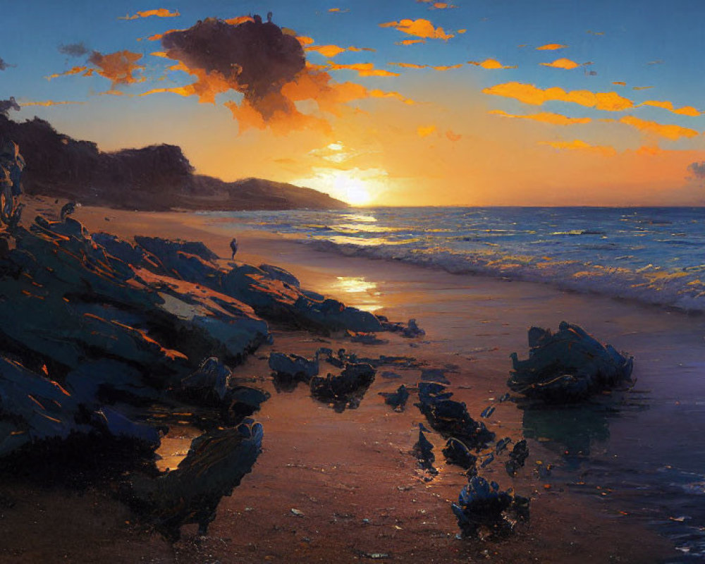 Vibrant sunset over rocky beach with orange and blue sky reflecting on water