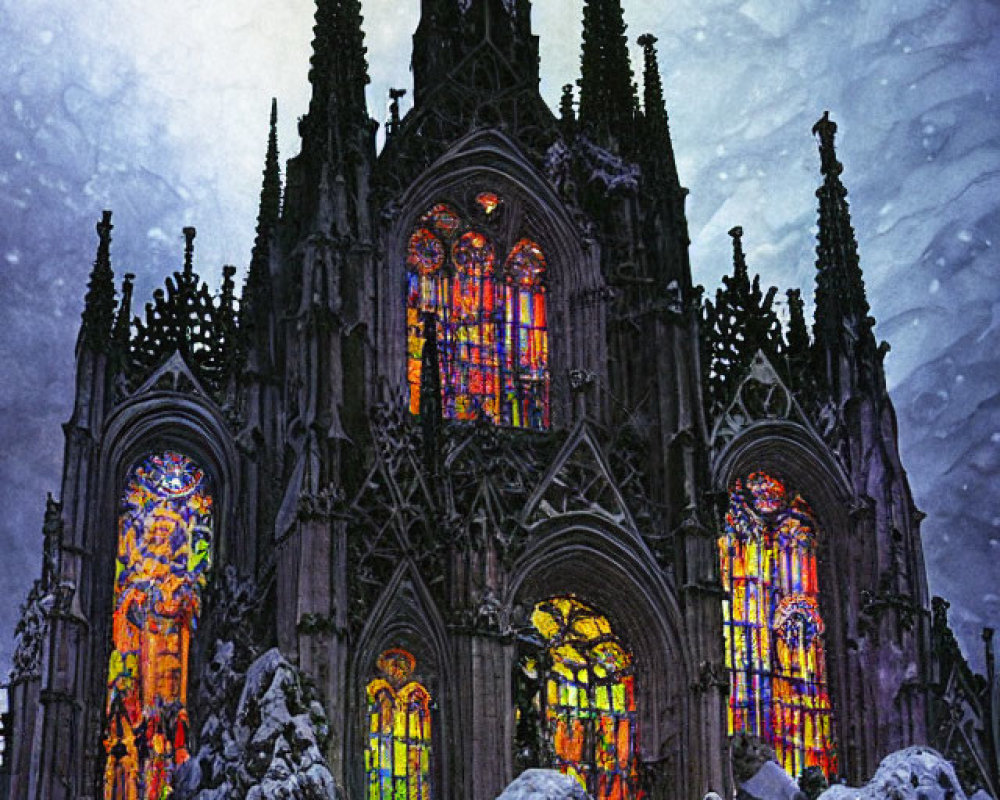 Gothic cathedral in winter with snow-covered trees and illuminated stained glass windows