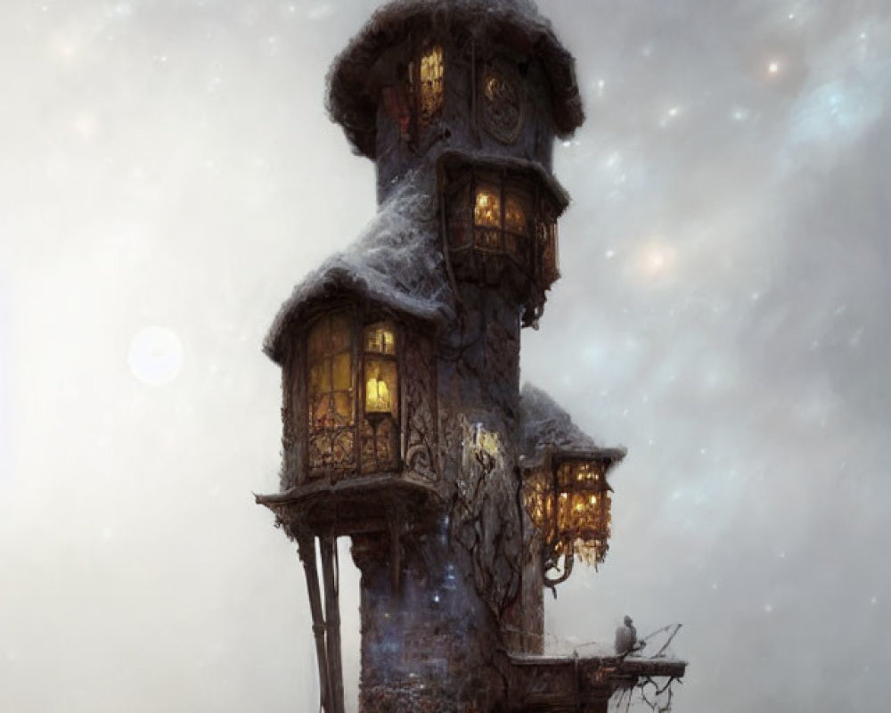 Snow-covered treehouse in misty, starlit sky