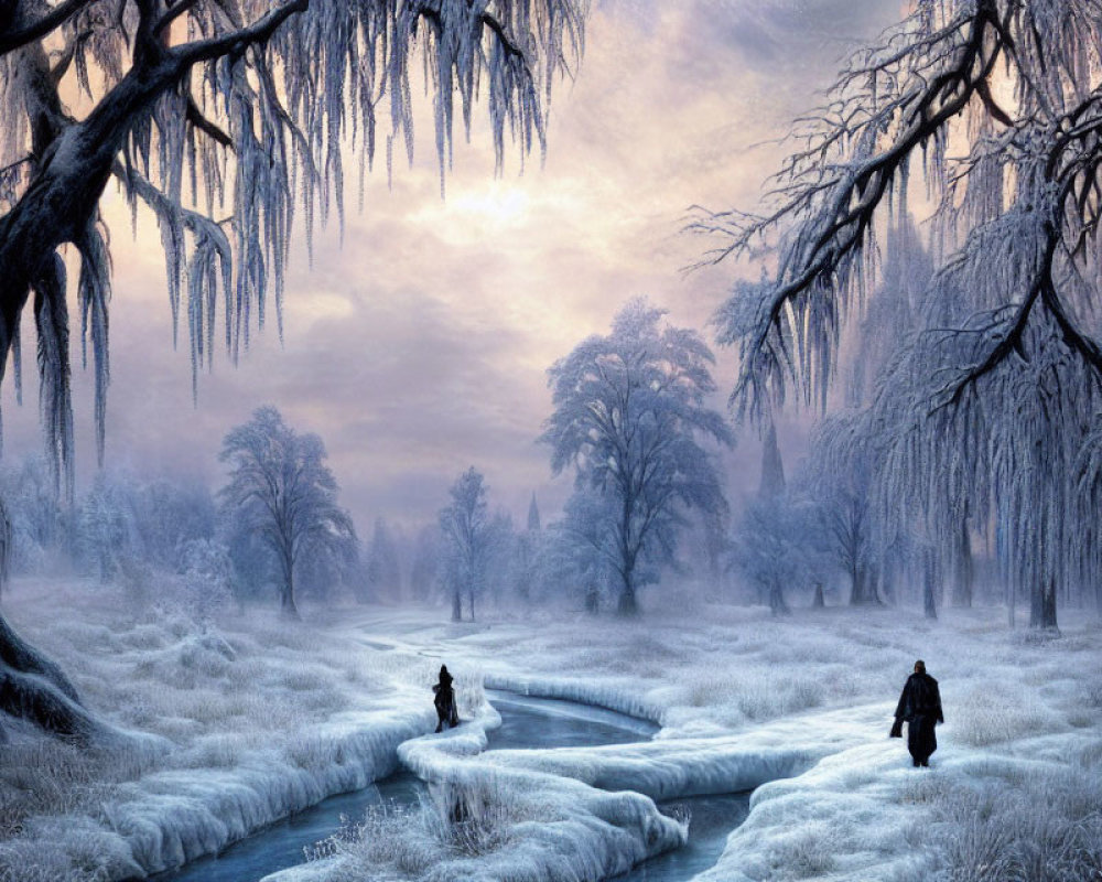 Snowy landscape with figures walking by frozen stream and icy trees under purple sky