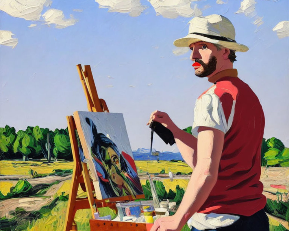 Bearded artist painting outdoors with blue sky and green fields