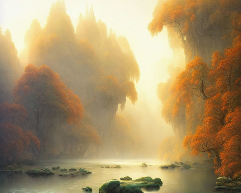Tranquil autumn forest with misty ambiance and vibrant foliage