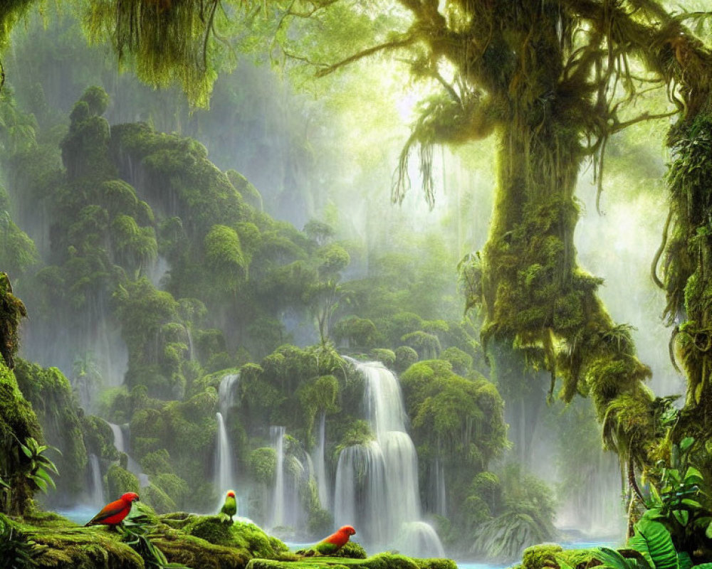 Lush Rainforest with Waterfalls, Birds, and Mist