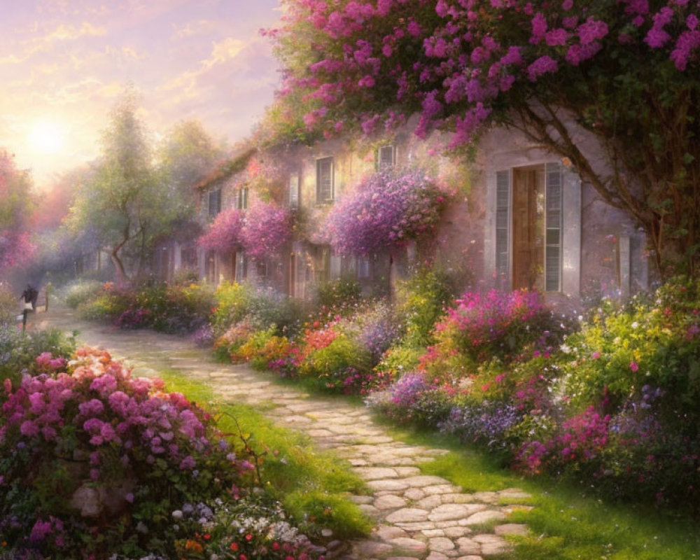 Scenic stone pathway to cottages with vibrant flowers at sunset