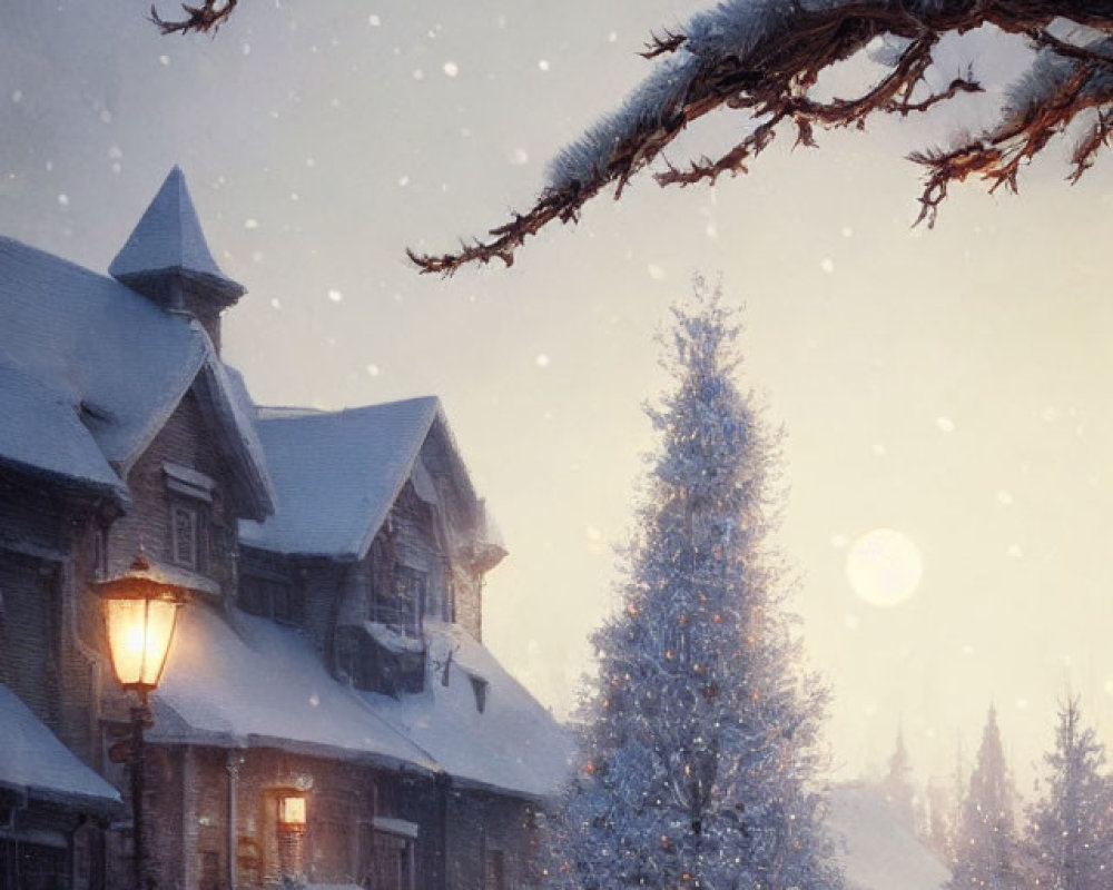 Snow-covered cottage and Christmas tree in serene winter scene
