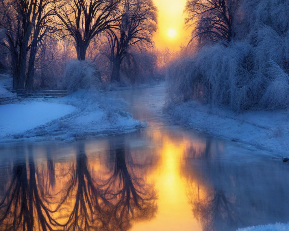 Snow-covered trees, river, and sunrise in serene winter landscape