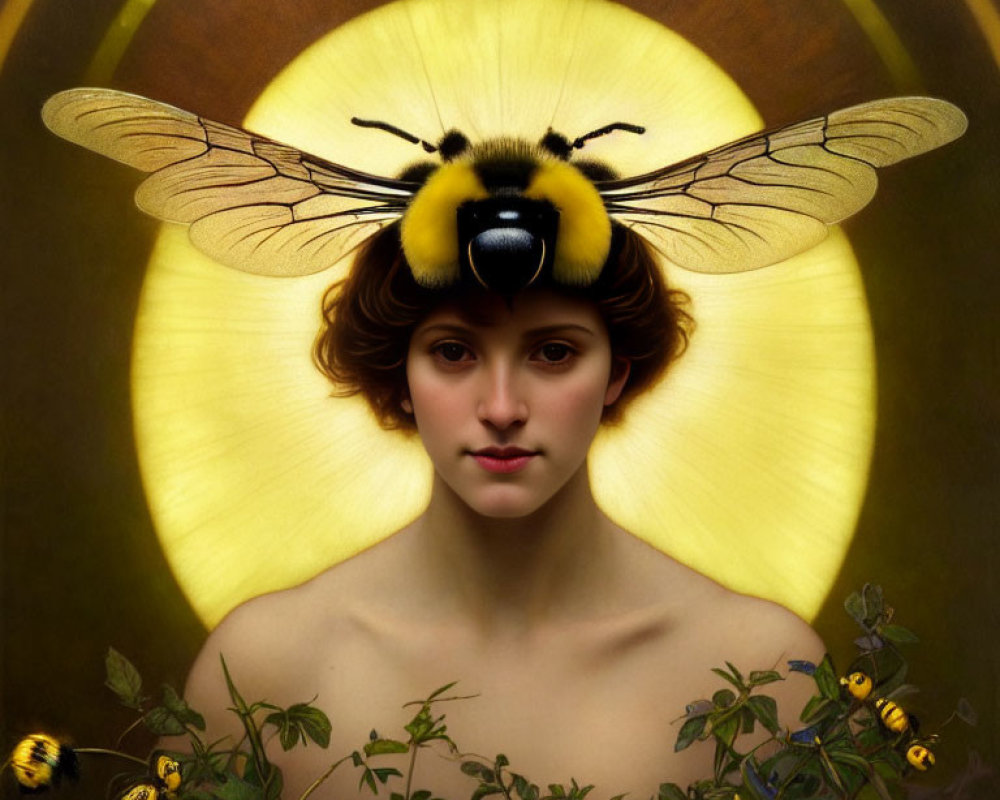 Portrait of Woman with Bee Features Surrounded by Flowers and Bees