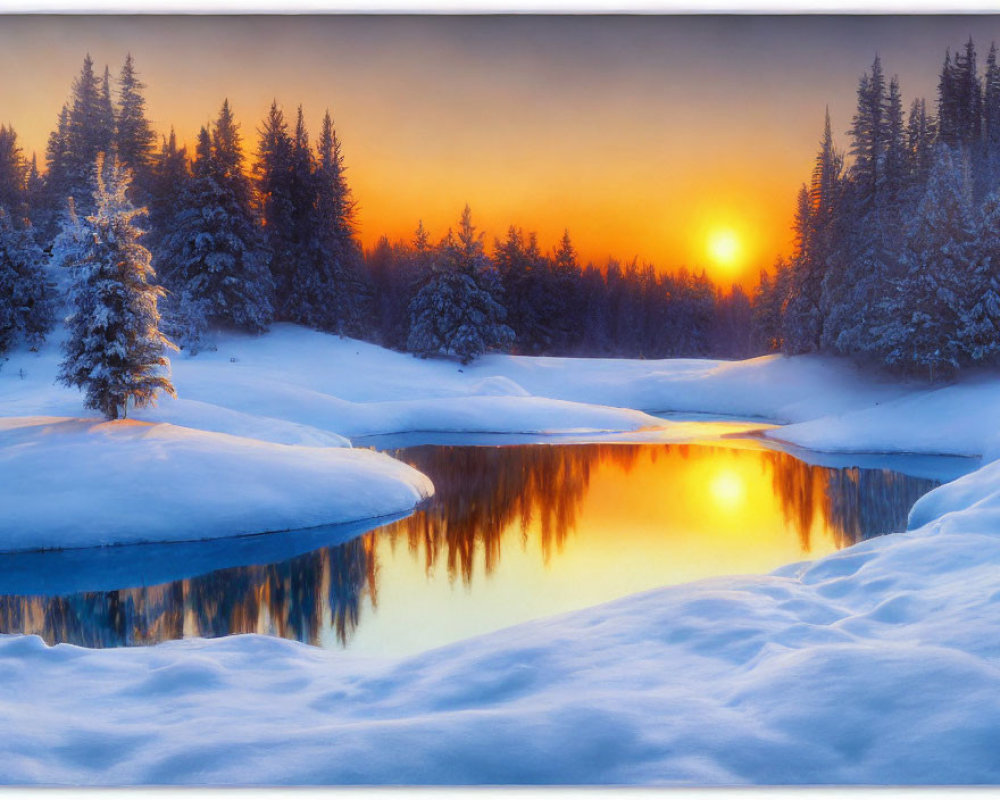 Snowy River Sunset: Winter Landscape with Glowing Orange Sky