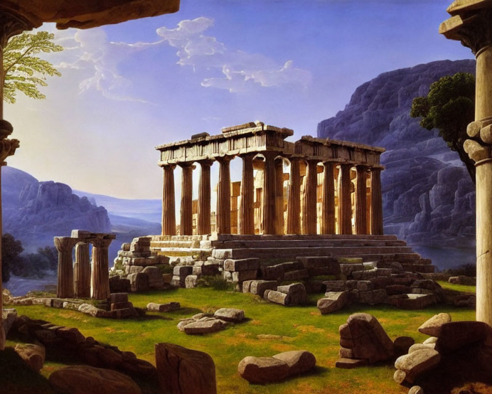 Ancient Greek temple with Doric columns in mountainous ruins