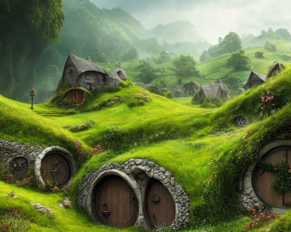 Fantasy Landscape: Cozy Hobbit-like Houses in Lush Hills