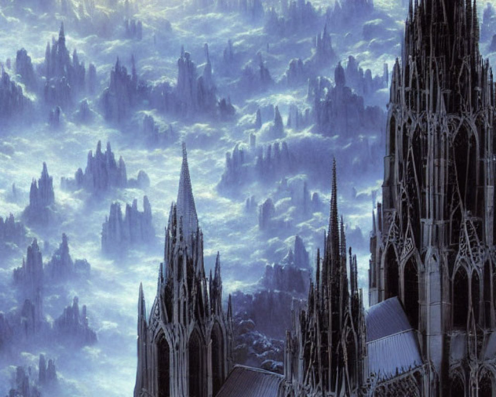 Mystical gothic cathedral in icy landscape under yellow-tinged sky