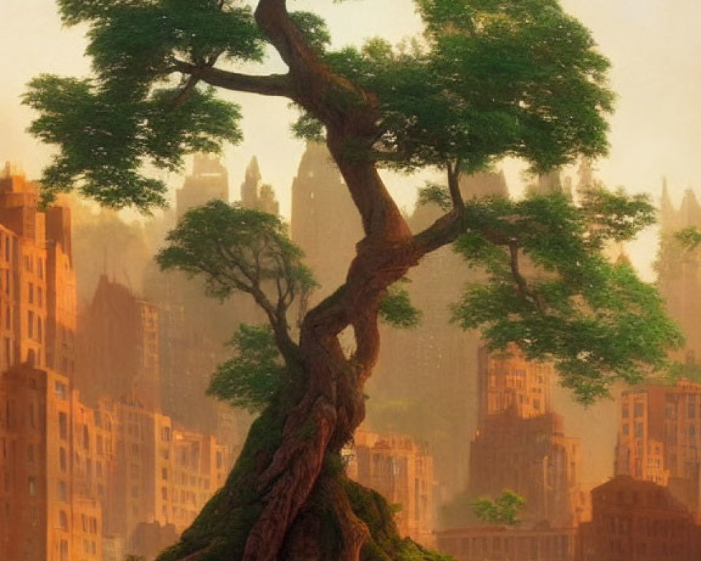 Majestic tree on small island with cityscape at sunset or sunrise