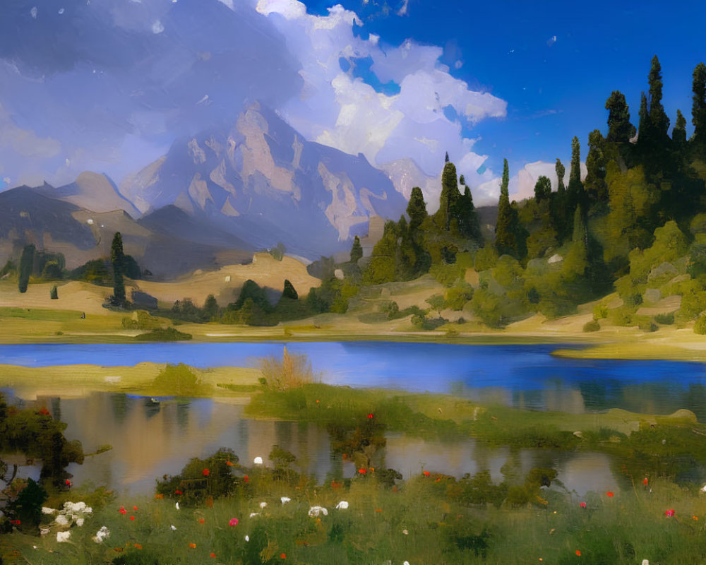 Tranquil landscape painting with trees, lake, wildflowers, and mountains