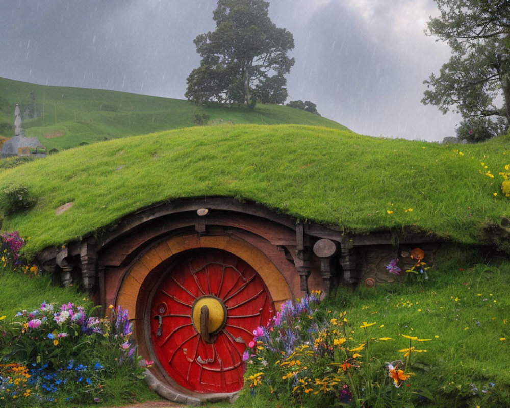 Quaint hobbit-style house with red door in grassy knoll under rainy sky