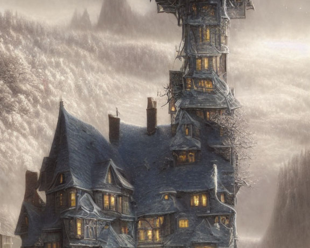 Fantasy tower with gabled roofs in snowy landscape