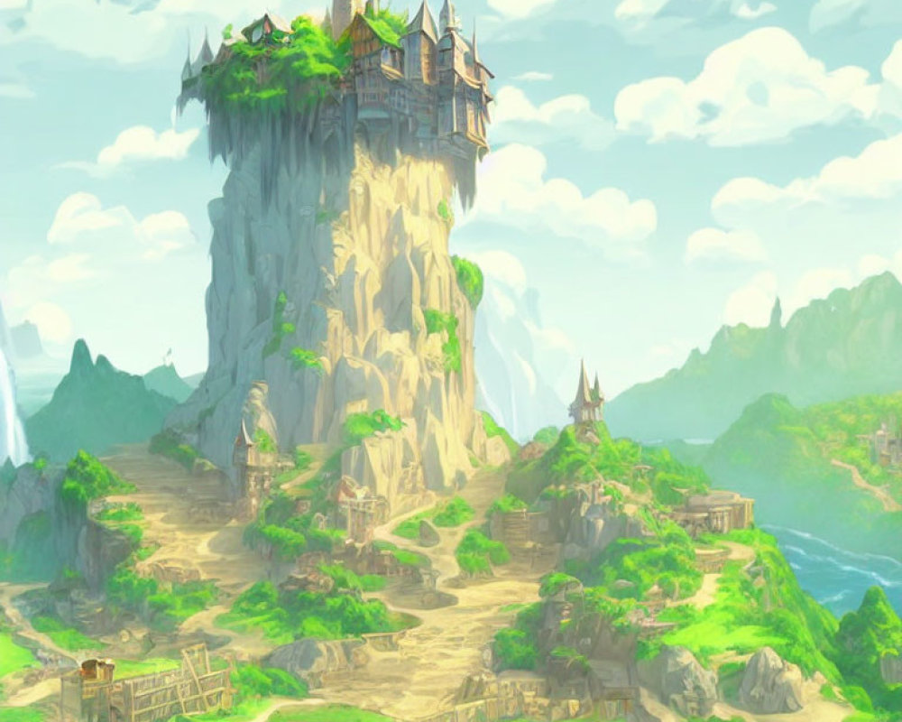 Fantastical landscape with towering rock pillar and ancient castle nestled in lush greenery