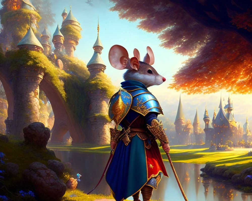 Armored mouse knight at fantasy castle with sunset scenery