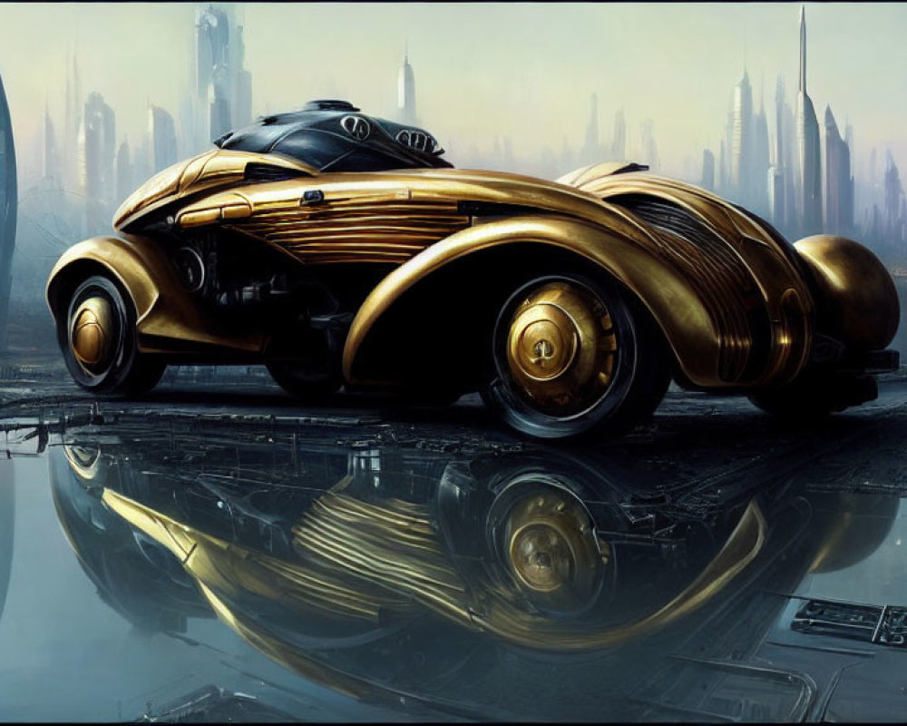 Futuristic golden car on reflective surface with sci-fi cityscape backdrop