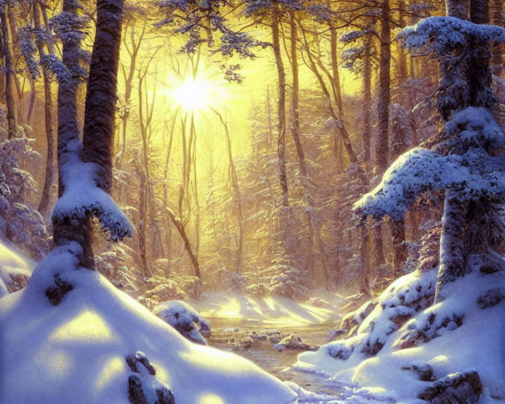 Snow-covered winter forest with sunbeams and stream