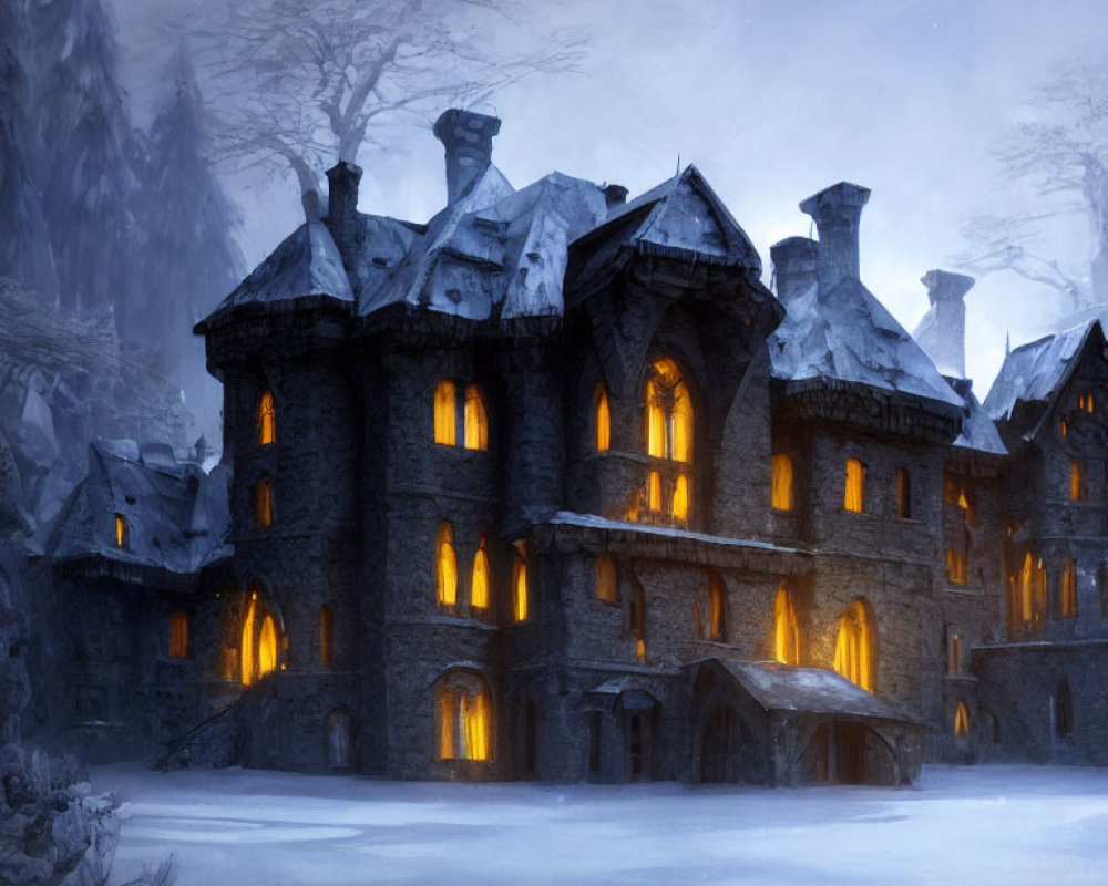 Gothic mansion in snowy twilight with warmly lit windows