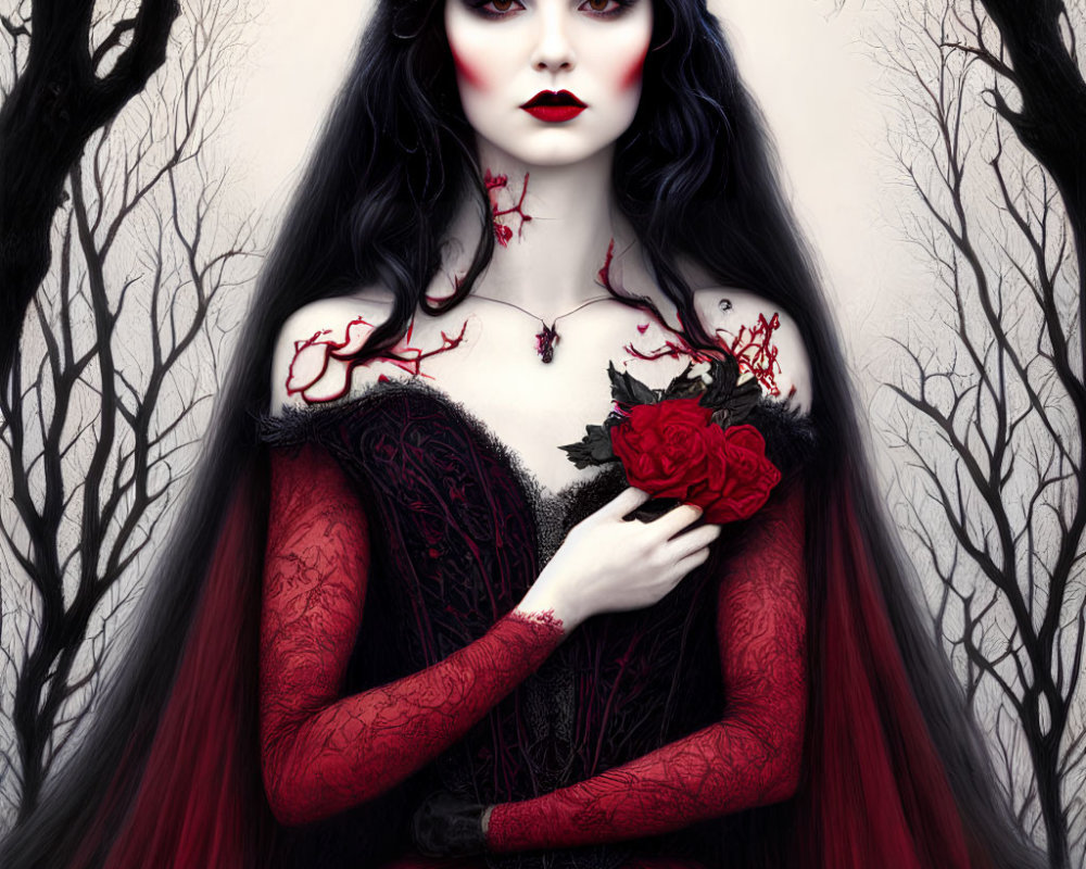 Pale woman in red gown with black hair holding red rose in eerie forest