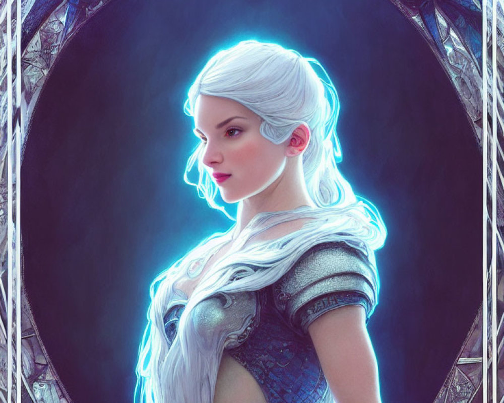 Fantasy female character with white hair and blue armor in oval border.