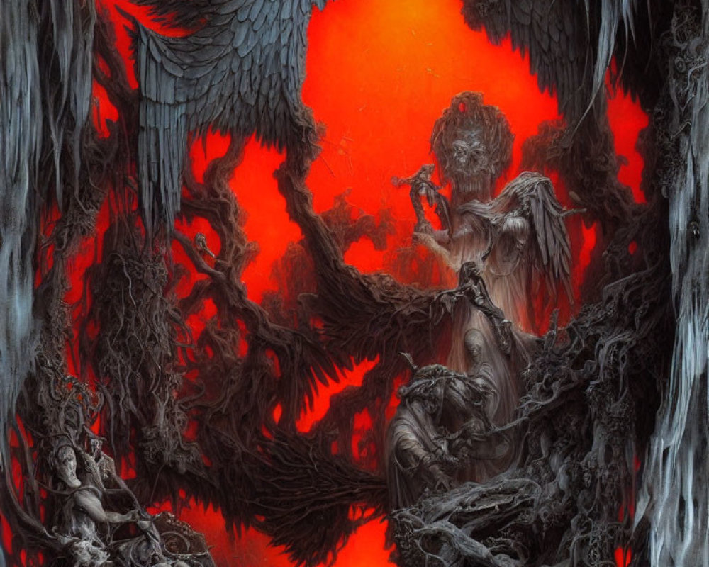 Dark fantasy scene with angelic figure and demonic creatures in fiery red sky.