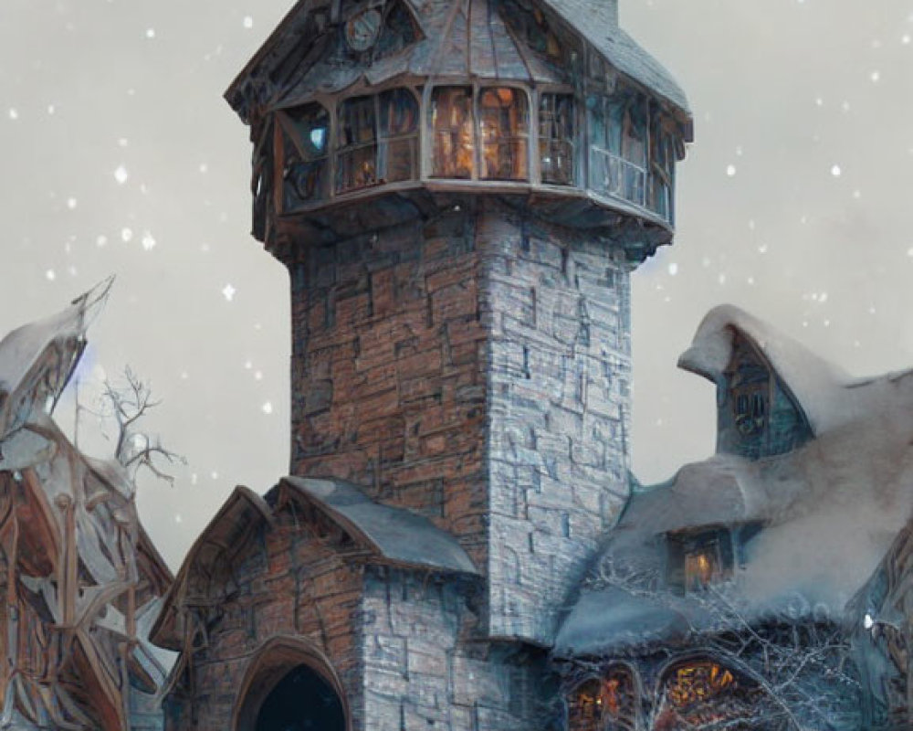 Snow-covered stone tower and glowing windows under night sky next to dark building.