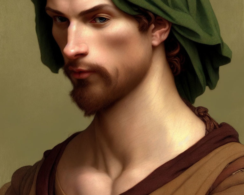 Man with Beard and Mustache in Renaissance Style Green Cap and Brown Garment on Neutral Background