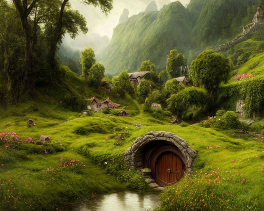 Tranquil landscape with hobbit-style house, meadows, pond, and misty mountains