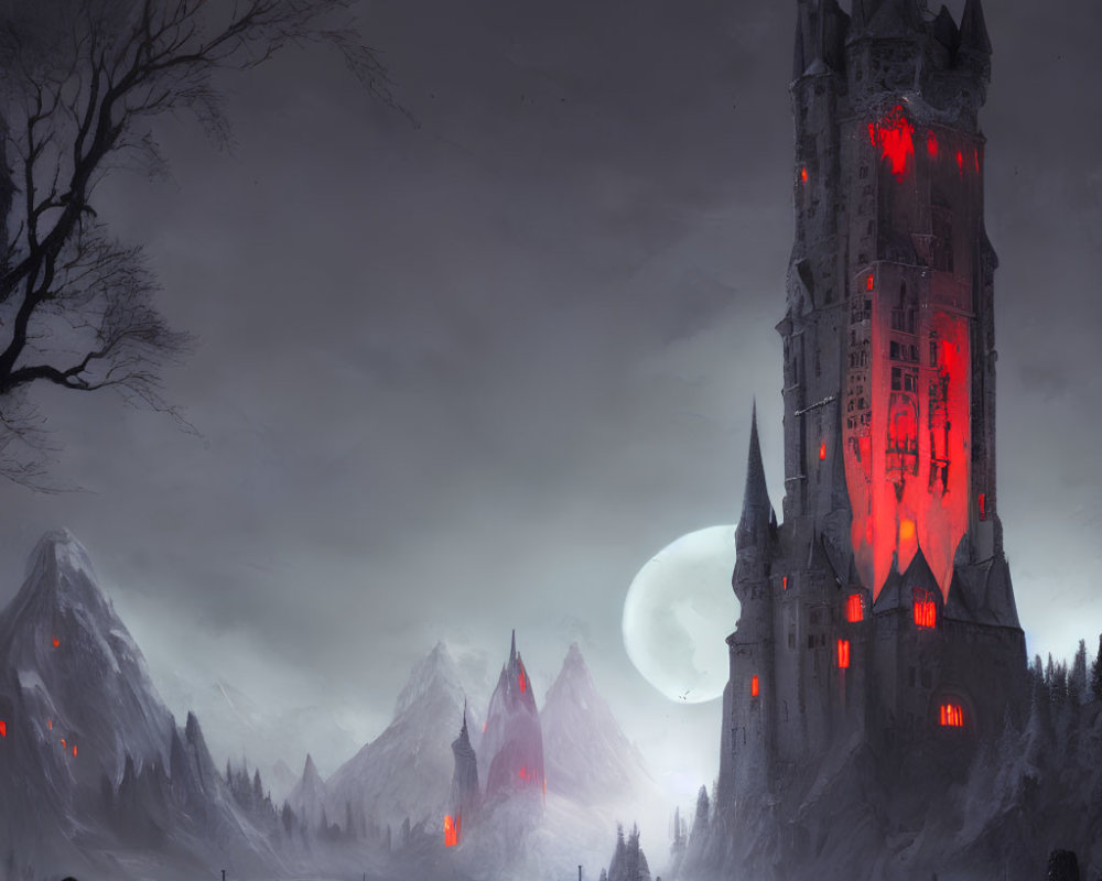 Gothic castle under red lights in snowy mountains and full moon